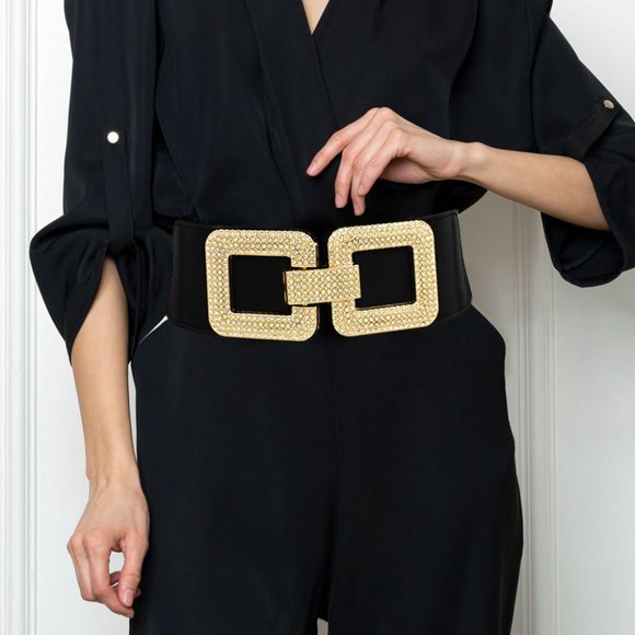 Stone Paved Double Circle Buckle Elastic Belt - Picture 1 of 2